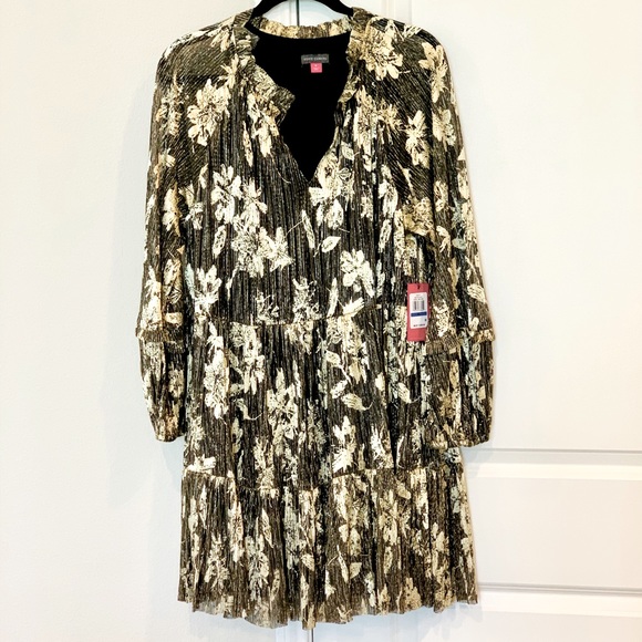 NEW Vince Camuto Lurex Floral Print Tiered Shift Dress Black & Gold Size XL - Picture 11 of 15